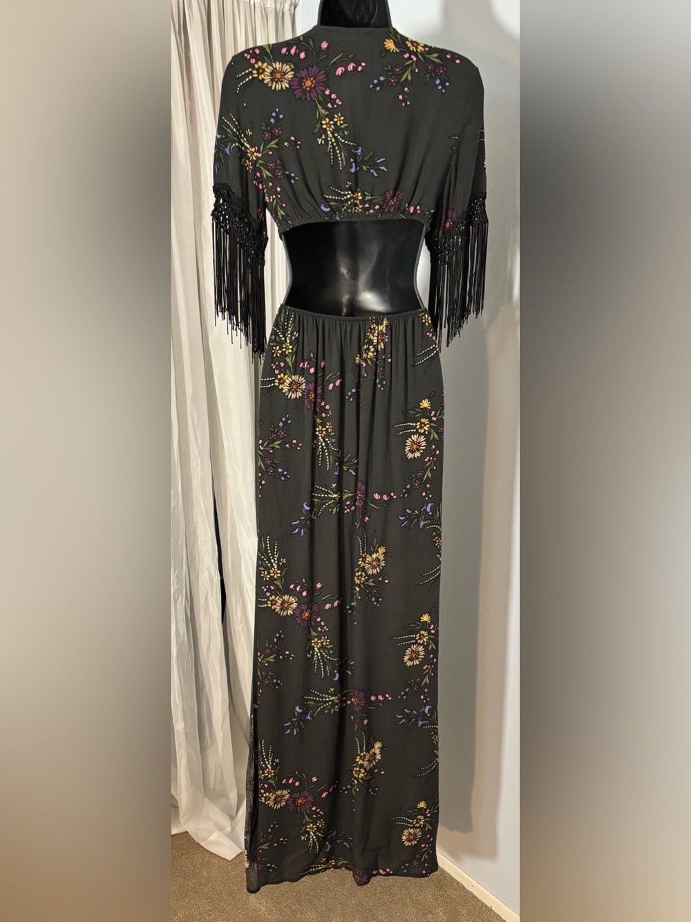 Honey Punch Black Maxi Dress - boho style with Multicolor Floral Embroidery - Picture 4 of 7